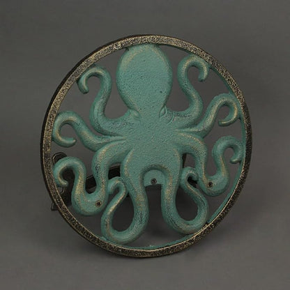 Zeckos Verdigris Octopus Garden Hose Hanger - Cast Iron Decorative Wall-Mounted Holder - 12-Inch Diameter - Stylish Outdoor Decor for 125 ft Capacity