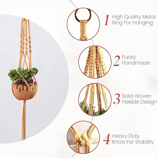 feedee Macrame Plant Hangers - 6 Pack, Brown, Indoor/Outdoor, 11.9 lbs Capacity, Ready to Hang