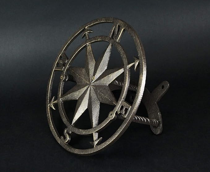 Bronze Finish Cast Iron Nautical Compass Rose Decorative Wall Mounted Garden Hose Hanger - Easy to Install - Coastal Outdoor Hose Holder Decor - 12 Inches in Diameter