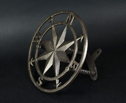 Bronze Finish Cast Iron Nautical Compass Rose Decorative Wall Mounted Garden Hose Hanger - Easy to Install - Coastal Outdoor Hose Holder Decor - 12 Inches in Diameter
