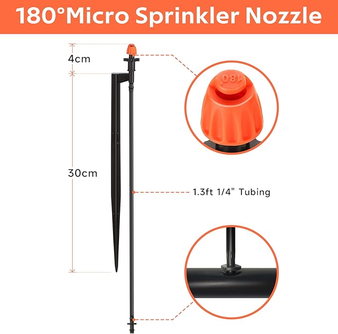 180 Degree Irrigation Sprinkler Heads: Micro Sprinkler Nozzle on 12 Inch Stake with 1/4" Tubing - Drip Spray Emitters for Garden Irrigation System (20 Pack)