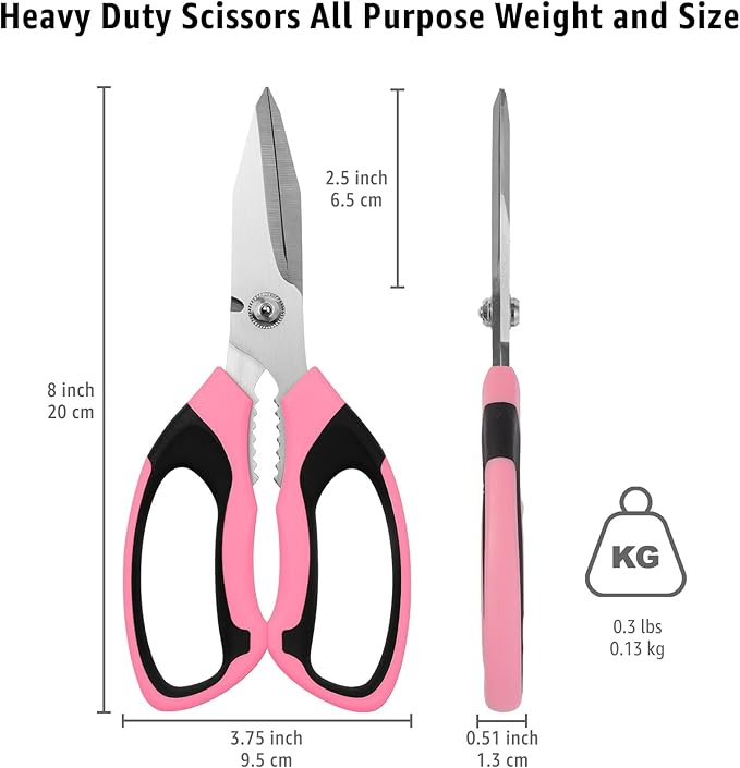8-Inch Utility Scissors All Purpose Heavy Duty, Serrated Blade, Pink Comfort Grip for Cutting Carpet, Cardboard, Leather, Fabric, Multipurpose Sharp Shears for Kitchen, Garden, Office, Carft