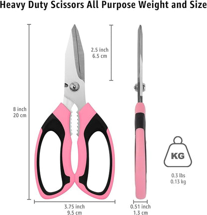 8-Inch Utility Scissors All Purpose Heavy Duty, Serrated Blade, Pink Comfort Grip for Cutting Carpet, Cardboard, Leather, Fabric, Multipurpose Sharp Shears for Kitchen, Garden, Office, Carft