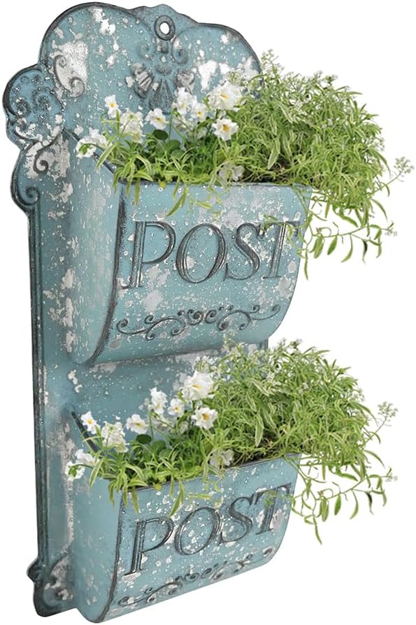 All Chic Metal Hanging Planter Wall Mounted Planters Metal Wall Planter Wall Vase Indoor Outdoor Wall Planter for Farmhouse Decor (Blue)