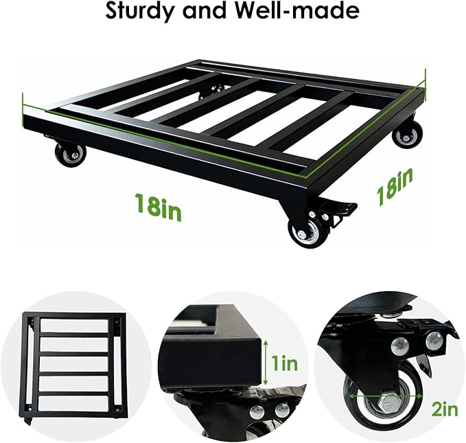 18" Square Plant Stand with Wheels Heavy Duty,Large Metal Plant Caddy Indoor Outdoor Use,Rolling Plant Dolly with Industrial Casters,Rust-Proof Black Plant Tray for Large Planters Pots,2-Pack