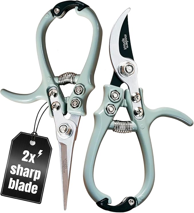 Modern Sprout Hand Pruners & Shears Set with Blister Pack - Lightweight Gardening Tools with Easy Lock - Sharp Carbon Steel Blades -Rust Resistant Scissors for Herbs, Flowers - Sage