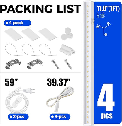 Barrina Grow Lights for Indoor Plants, Full Spectrum Sunlight, 1FT White Cover Plant Growing Lamp, LED Grow Light Bulbs, T5 Grow Light Strip, Plug and Play, Yellow, 4-Pack