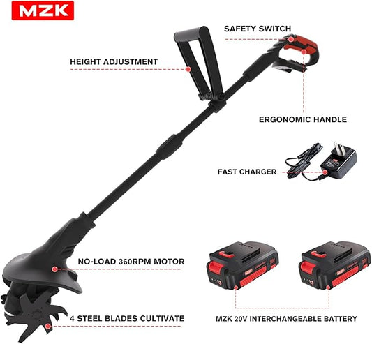 MZK 20V Cordless Tiller Cultivator with Steel Tines,8-inch Wide Battery Powered Garden Cultivator, 360RPM Electric Tiller for Lawn/Gardening/Soil Cultivation(2 * 2AH Battery&Charger Included),TC08D01