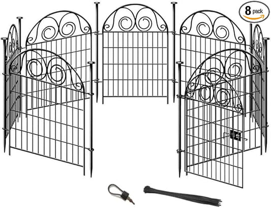 Tall Garden Animal Barrier Fence With Gate, 32 in(H)×27 in(L) 8 Panels Dog Digging Fencing Barrier, Black Metal Temporary Fence, Reusable Defense Fences For Outdoor Yard. Total 17.5 Ft│Patented