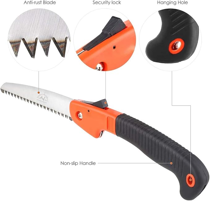 Folding Pruning Saw, Premium Folding Hand Saw with Secure Lock Comfort Soft Grip for Garden or Tree Pruning, Camping, Wood Working(Orange+Black)