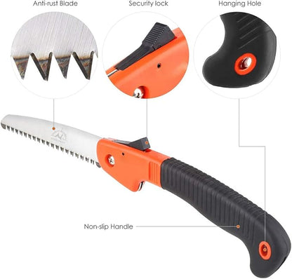 Folding Pruning Saw, Premium Folding Hand Saw with Secure Lock Comfort Soft Grip for Garden or Tree Pruning, Camping, Wood Working(Orange+Black)