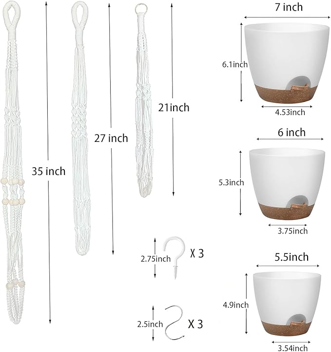 Hanging Planters with Macrame Plant Hangers for Indoor Outdoor Plants,3 Set Hanging Baskets Flower Pots Holders 35‘’/27‘’/21‘’,Self-Watering Pots 7‘’/6‘’/5.5‘’,Boho Home Decor (White)
