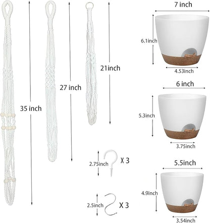 Hanging Planters with Macrame Plant Hangers for Indoor Outdoor Plants,3 Set Hanging Baskets Flower Pots Holders 35‘’/27‘’/21‘’,Self-Watering Pots 7‘’/6‘’/5.5‘’,Boho Home Decor (White)