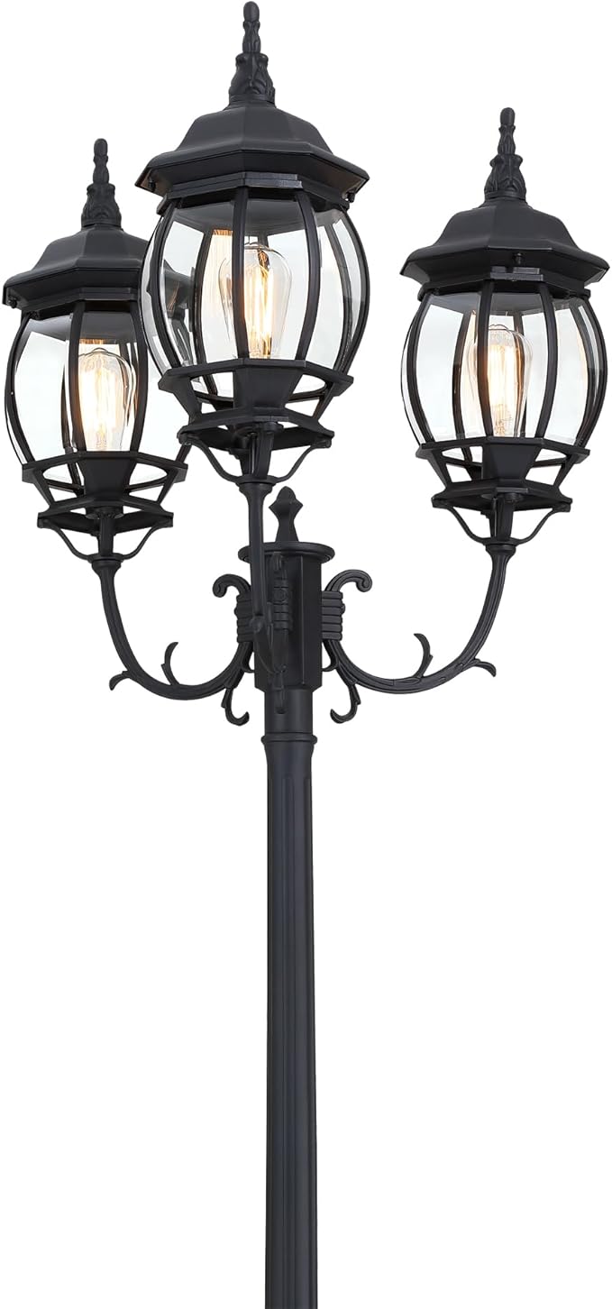 94 Inch 3-Light Post Lantern For Patio Lawn Pathway Triple-Head Post Light For Front Yard Outdoor Street Light 94” Exterior Pole Lights,Aluminium Alloy,Clear Glass Shade,E26(Bulbs Not Included)