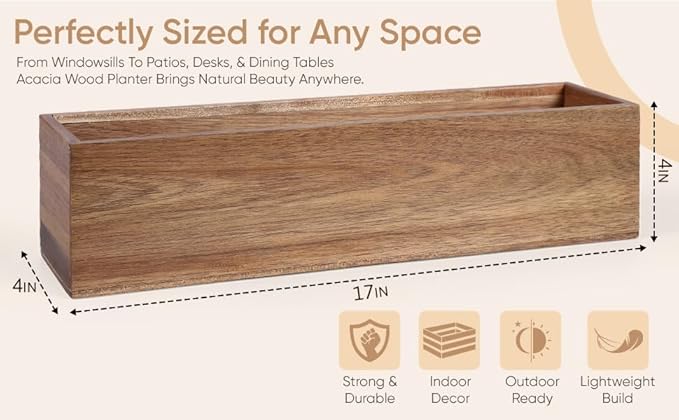 zaqro Wood Planter Box Set of 2 – Real Acacia Planter Boxes with Removable Soft Plastic Cut to fit Liners – Long Rectangular Indoor - Window Planter Box for Herbs, Flowers, Succulents