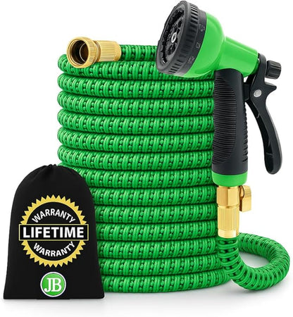 J&B XpandaHose 100ft Expandable Garden Hose – Ultra-Strong 3750D, 4-Layer Latex Core, Brass 3/4" Connectors, 10-Pattern Nozzle & Storage Bag – Lightweight, Kink-Reducing, Leak-Resistant