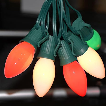 SUNSGNE C9 Christmas String Lights, 25 Feet Vintage Christmas Tree Lights with 26 7W Red Green White Glass Bulbs(1 Spare) for Patio Balcony Xmas Decor, Green Wire