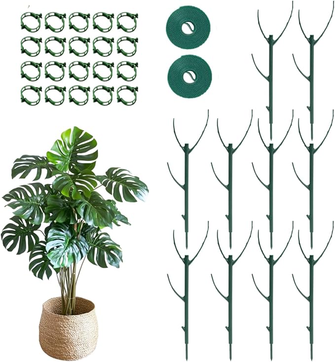 10 Pack Stackable Monstera Plant Support Stakes, 75inch Climbing Garden Plant Support Sticks Structures with 20pcs Clips & Ties, for Indoor Outdoor Plants Alternative to Moss Pole