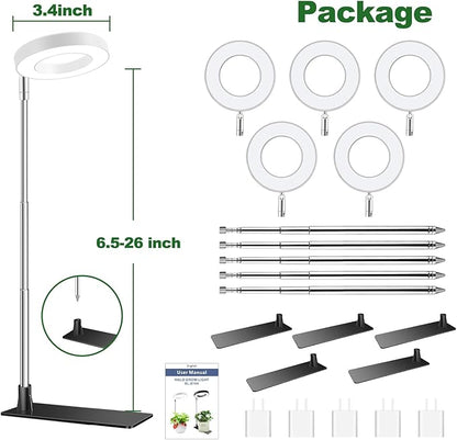Grow Lights for Indoor Plants, Full Spectrum Small Halo Plant Grow Light with Base, 48 LED Growing Lamp 10 Levels Dimmable Auto On Off 3/9/12 Hrs Timer for Small Plants, White, 3.5in, 5 Pack
