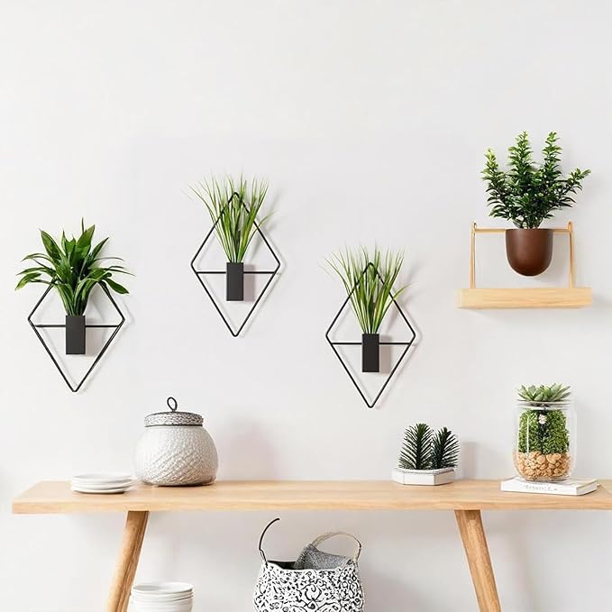 Cute Set of 2 Small Wall Hanging Planters, 10x5 Inch Mini Geometric Wall Vase with Artificial Plants, Compact Boho Farmhouse Decor for Bathroom, Living Room, Bedroom, Office (Black)