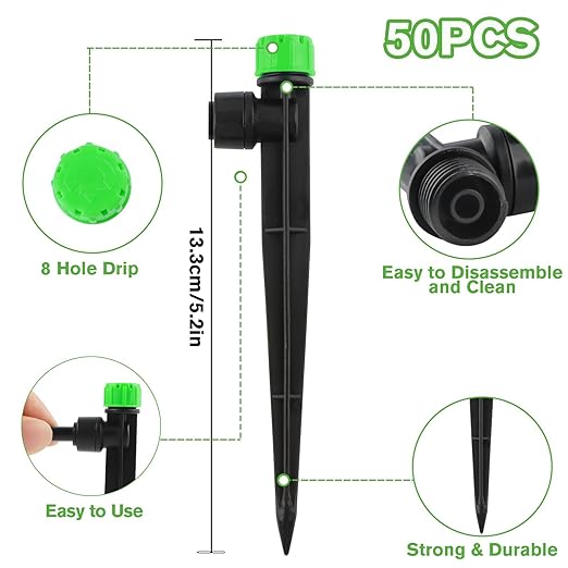 50PCS Drip Irrigation Emitters, Kalolary Adjustable 360 Degree Water Flow Drippers Emitters for 1/4" Drip Irrigation System Tubing, Irrigation Drippers for House Garden Flower beds(Medium Green)