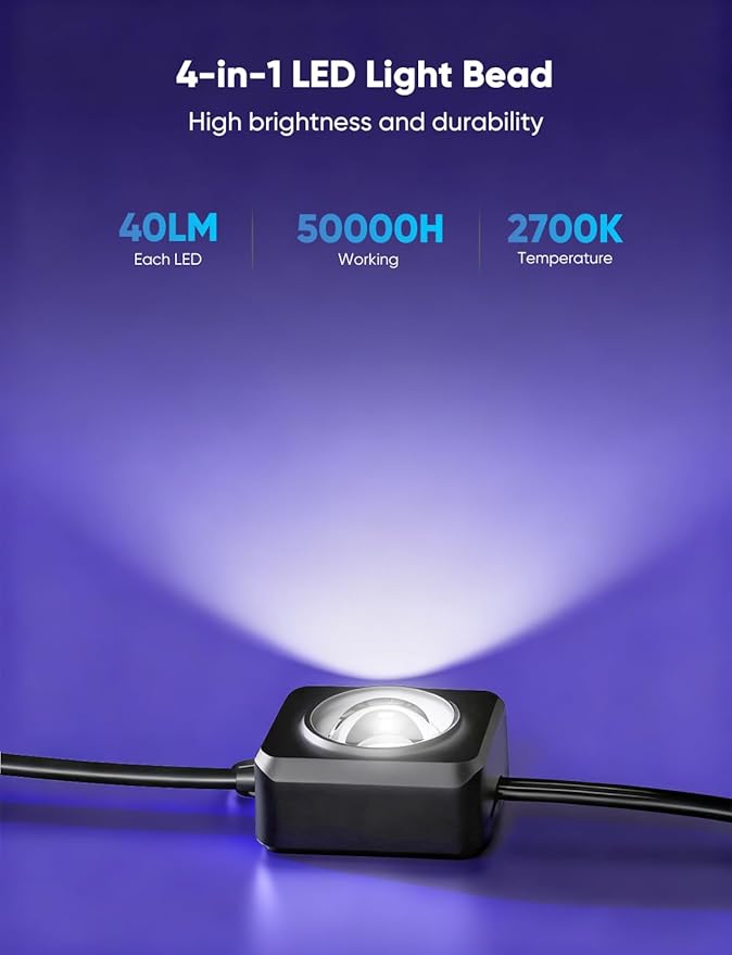 APPECK Permanent Outdoor Lights 400ft with 288 LED Lights, 144W Smart RGBW Eaves Lights,DC 36V, 40LM, IP67 Waterproof String Lights for Christams, Party Decor, Compatible with Alexa, Black