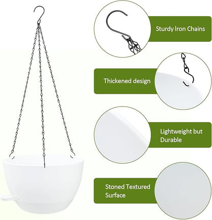 WOUSIWER Self Watering Hanging Planters, 2 Pack 12'' Plastic Pots with Drainage Holes & Reservoir Tray (White) | Indoor & Outdoor Use for Ferns, Ivy, Herbs, Succulents