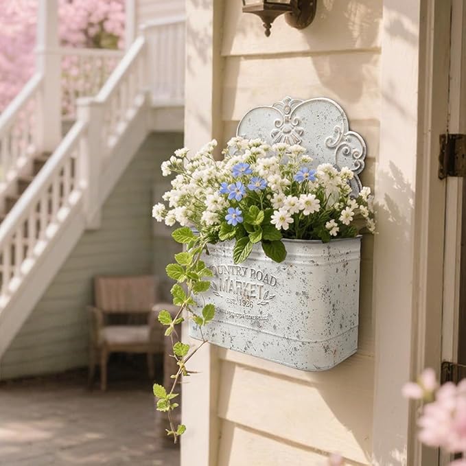 All Chic Set of 2 Metal Hanging Wall Planters Outdoor Indoor Mail Wall Mounted Planter Antique Shabby Chic Wall Decor (White Gold)