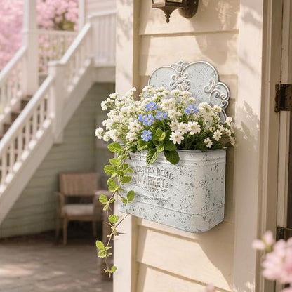 All Chic Set of 2 Metal Hanging Wall Planters Outdoor Indoor Mail Wall Mounted Planter Antique Shabby Chic Wall Decor (White Gold)