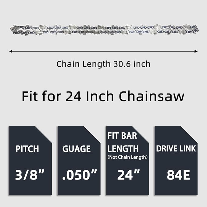 2 Pack Chainsaw Chain Bar Length 24 Inch .050" Gauge 3/8" Pitch 84 Drive Links, Replacement Chains Fit for Husqvarna 460, 460 Rancher, Stihl MS 260, Echo, Poulan, Makita (Chain Length 30.6")