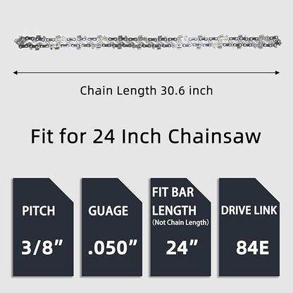 2 Pack Chainsaw Chain Bar Length 24 Inch .050" Gauge 3/8" Pitch 84 Drive Links, Replacement Chains Fit for Husqvarna 460, 460 Rancher, Stihl MS 260, Echo, Poulan, Makita (Chain Length 30.6")