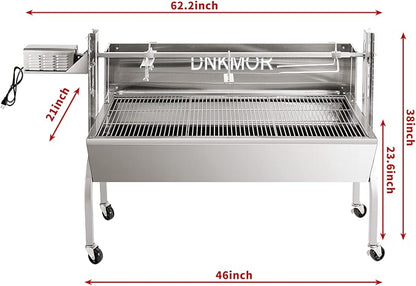 Rotisserie Grill Stainless Steel Charcoal Spit Roaster, 50" Pig Lamb Hooded Roaster Charcoal Spit with 30W Motor & Adjustable Height Lockable Casters for Outdoor Camping Party, Rated 150 LB