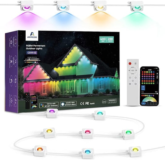 APPECK Permanent Outdoor Lights 400ft with 288 LED Lights, 144W Smart RGBW Eaves Lights, DC 36V, 40LM, IP67 Waterproof String Lights for Halloween Christmas Decor, Compatible with Alexa, White