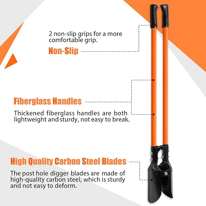 Post Hole Digger, Heavy Duty with Fiberglass Handle, Carbon Steel Blades, 58 Inches, Orange & Black