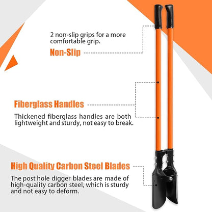 Post Hole Digger, Heavy Duty with Fiberglass Handle, Carbon Steel Blades, 58 Inches, Orange & Black