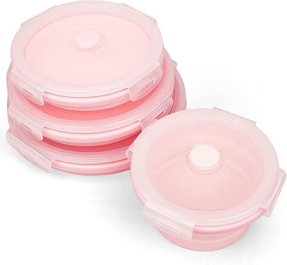 CARTINTS Silicone Collapsible Food Storage Containers-Prep/Storage Bowls with Lids – Set of 4 Round Silicone Lunch Containers – Microwave and Freezer Food Containers(pink)