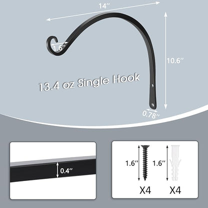 Gtongoko 2 Pack 14 Inch Plant Hangers Outdoor Metal, Plant Hooks for Wall Indoor, Outdoor Hooks for Hanging Bird Feeders, Plant Bracket, Lanterns, Wind Chinme, Black