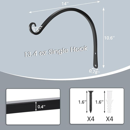 Gtongoko 2 Pack 14 Inch Plant Hangers Outdoor Metal, Plant Hooks for Wall Indoor, Outdoor Hooks for Hanging Bird Feeders, Plant Bracket, Lanterns, Wind Chinme, Black