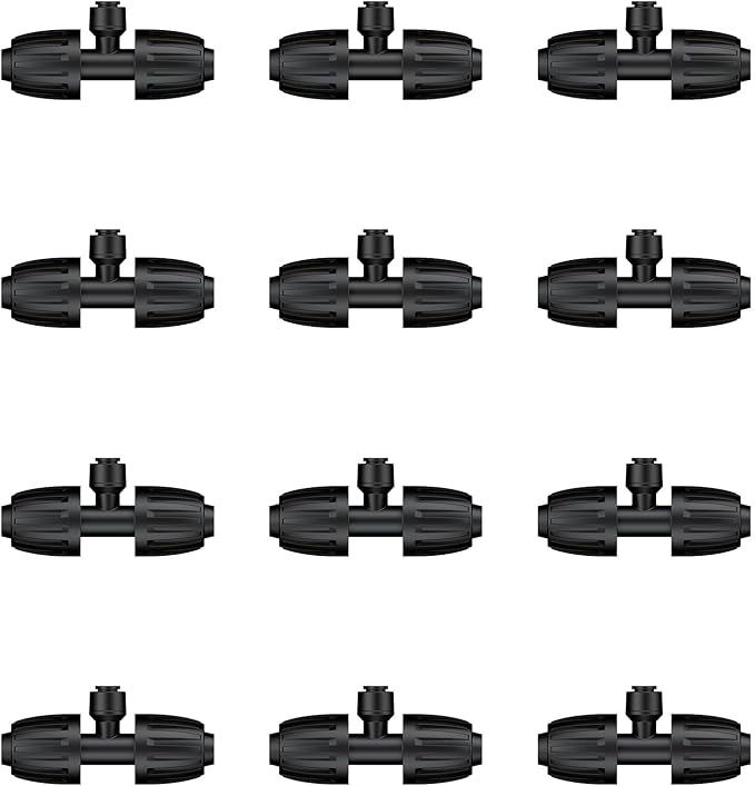 Pawfly 12 Pcs 1/2'' to 1/4'' Barbed Tee Quick Connectors, Drip Irrigation Tee Connectors with Anti-Drop Locked Nuts, Push-to-Fit Drip Irrigation Fittings Parts for Garden Lawn, 3-Way Reducing Tees