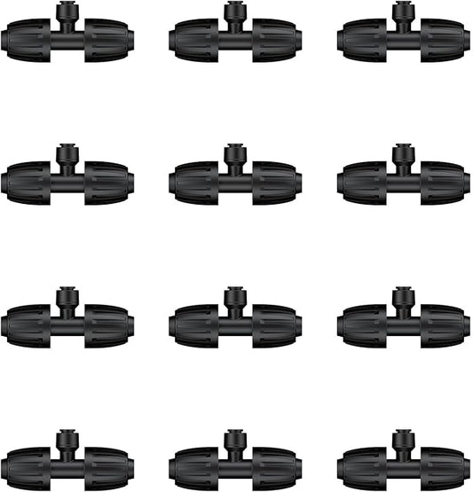 Pawfly 12 Pcs 1/2'' to 1/4'' Barbed Tee Quick Connectors, Drip Irrigation Tee Connectors with Anti-Drop Locked Nuts, Push-to-Fit Drip Irrigation Fittings Parts for Garden Lawn, 3-Way Reducing Tees