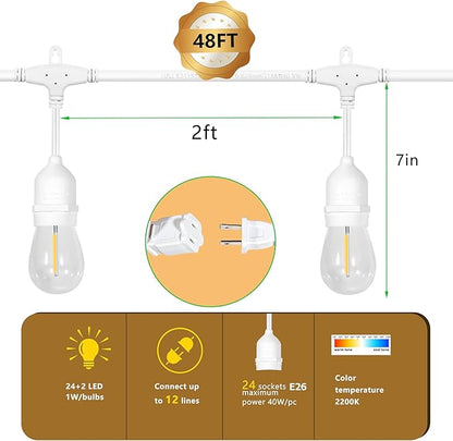 𝟰𝟴𝑭𝑻 LED Outdoor String Lights with 𝟮𝟰 Weatherproof Shatterproof Edison Style 𝑳𝑬𝑫 𝑩𝒖𝒍𝒃𝒔(2 𝑺𝒑𝒂𝒓𝒆)，Commercial Grade Waterproof Hanging Lights for Backyard Porch Balcony Party