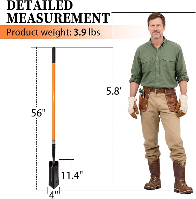 Trench Shovel for Digging, 4-Inch Trench Shovel, Heavy Duty Trenching Shovel with Fiberglass Handle, 56 Inches