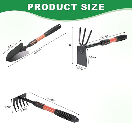 Garden Tool Set, 3Pack Gardening Tools, Stainless Steel Heavy Duty Hand Cultivator, Hoes, Shovel, for Planting Weeding Digging, Gardening Gifts for Women, Red