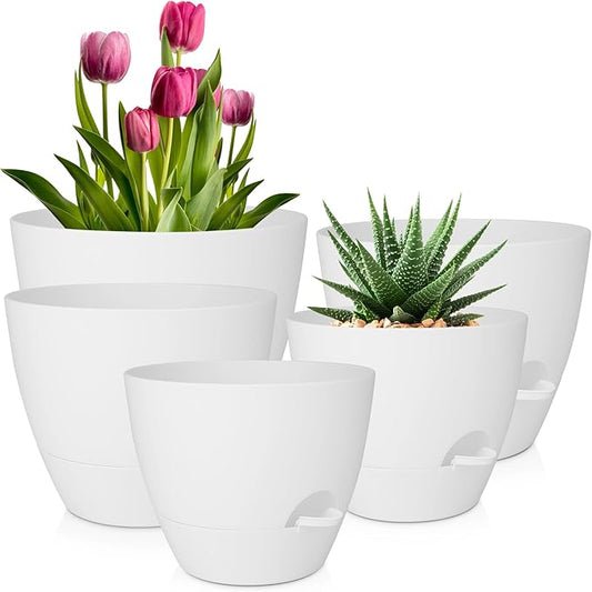 Plant Pots 10/9/8/7.5/7 Inch Self Watering Pots, Set of 5 Plastic Planters with Drainage Holes and Saucers,Plastic Flower Pots,Nursery Planting Pot for Indoor Out Door Plants(Pure White)