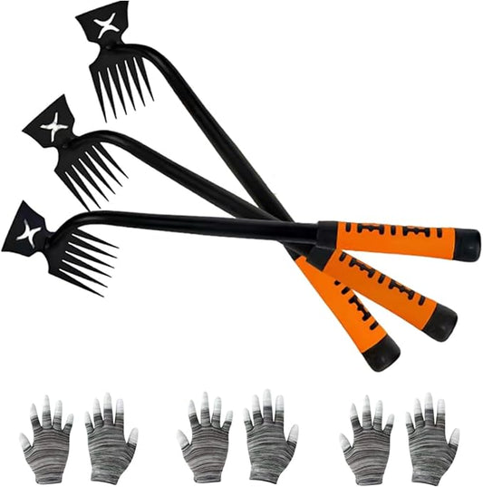 Weed Puller Tool-3-Piece Weed Pulling Tools, Manganese Steel 6-Teeth Multi-Purpose Gardening Manual Weeding Tools for Yard and Garden（HT3077G）