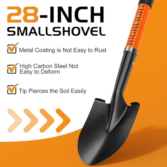 HIGHLIGHT Small Shovels,Gardening Shovel for Digging, Mini Kids Shovel, Length 28 Inches, D Handle, for Metal Beach, Camping, Snow, Fiberglass Handle, Orange