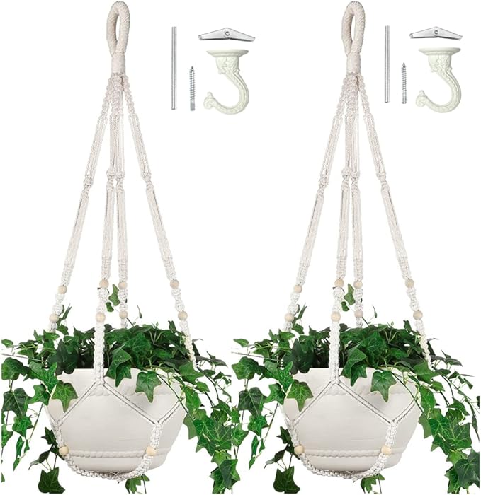 2 Pack 43 Inches Macrame Planter Hanger Large for 12 inch Pot + Swag Hook (Extra Long & Big) | Large Hanging Planter for Indoor Plants | No Tassel, Cotton Rope, No Pot/Plant Included (XL)