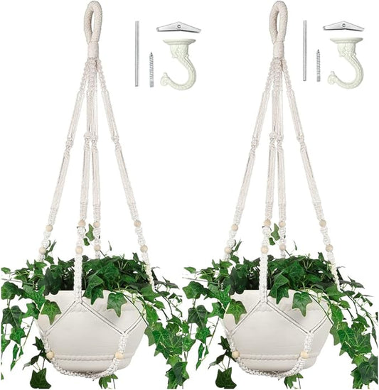 2 Pack 43 Inches Macrame Planter Hanger Large for 12 inch Pot + Swag Hook (Extra Long & Big) | Large Hanging Planter for Indoor Plants | No Tassel, Cotton Rope, No Pot/Plant Included (XL)