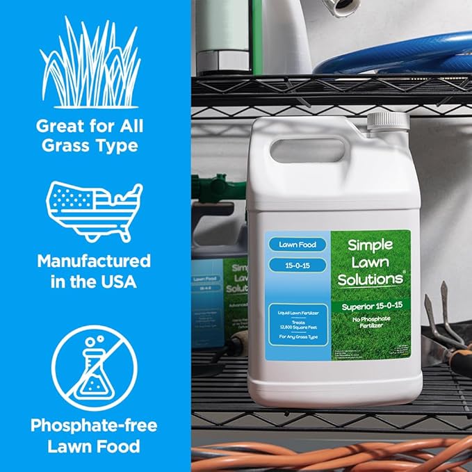 Superior 15-0-15 Liquid Lawn Fertilizer - Lawn Food for Growth & Green - Nitrogen, Potassium, Humic, Fish & Seaweed - Any Grass Type- Simple Lawn Solutions - All Season- Concentrate (1 Gallon)