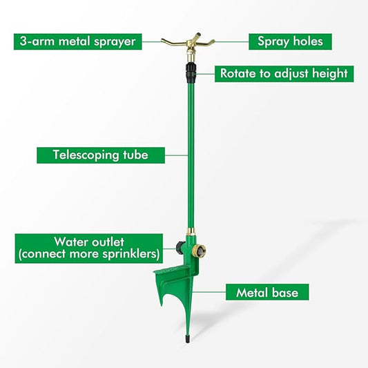 RESTMO 3-Arm Sprinkler with Adjustable Telescoping Base, 360 Degree Rotation High-Rise Lawn Sprinkler for Large Area Coverage, Gardening Watering System Sprinklers, Lawn Irrigation System
